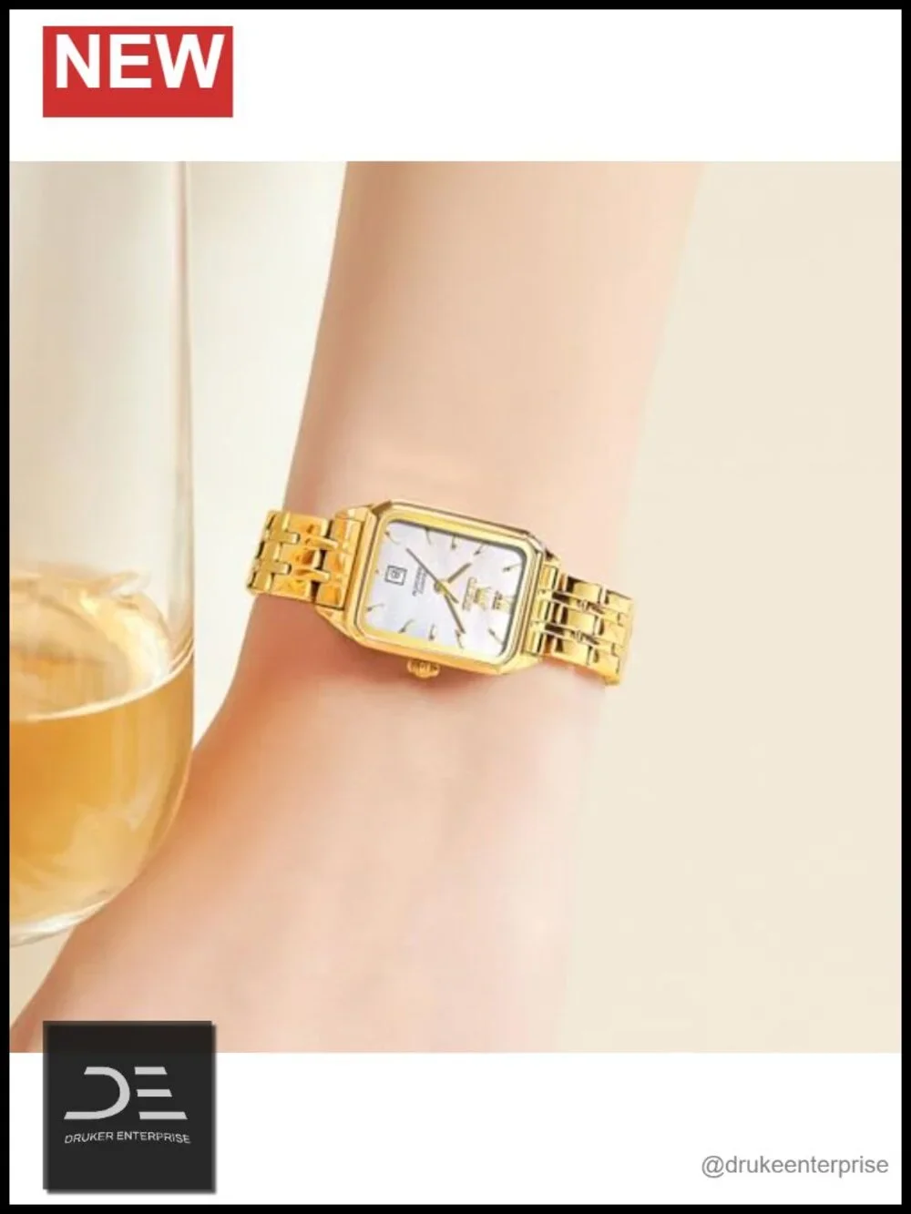 Square Stainless Steel Bracelet Watch with Date, Quartz Movement, Water
